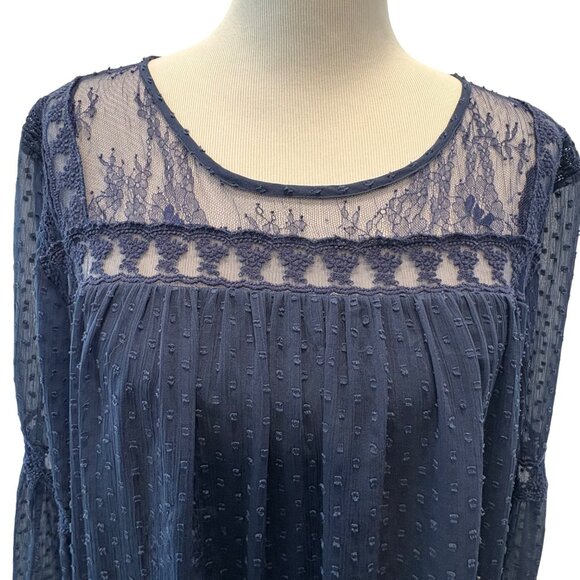 Navy Blue Sheer Lace Dress Sz 20 Bell Sleeves Tiered Lined JunaRose  Romantic - Picture 2 of 8